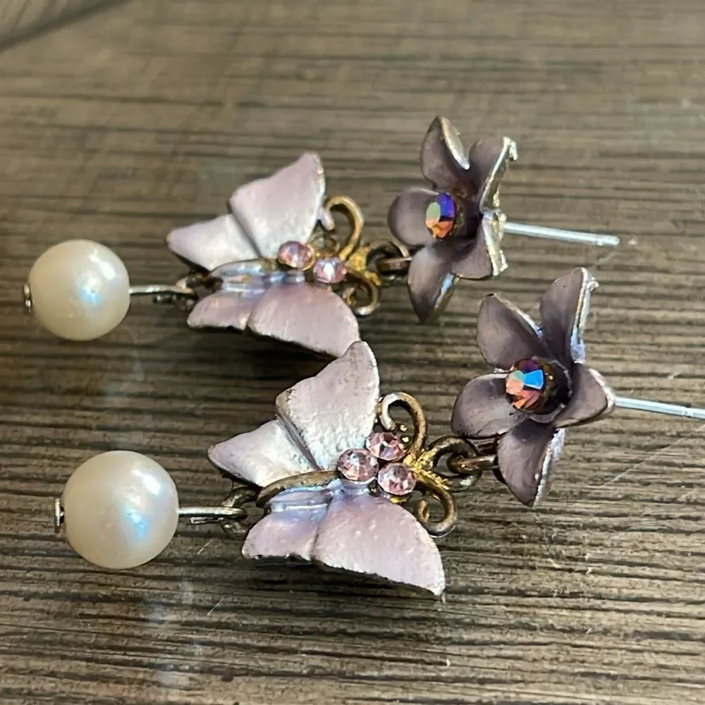 Vintage Pastel Floral and Butterfly Earrings, Dangle
